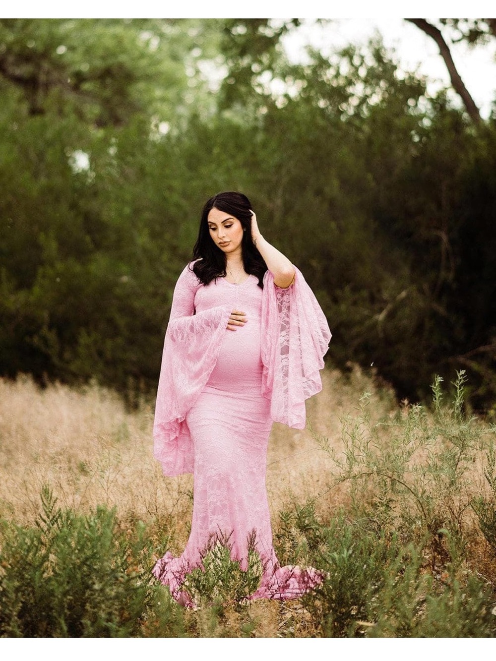 Pink Lace Maternity Maxi Dress with Dramatic Bell Sleeves
